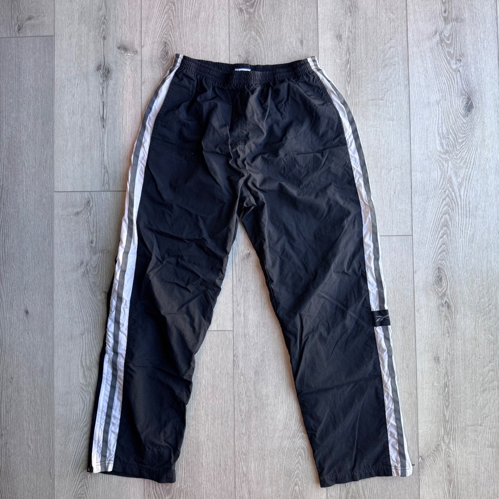 Vintage 90s Reebok Track Pants Mens XL Black White Stripe Nylon Windbreaker